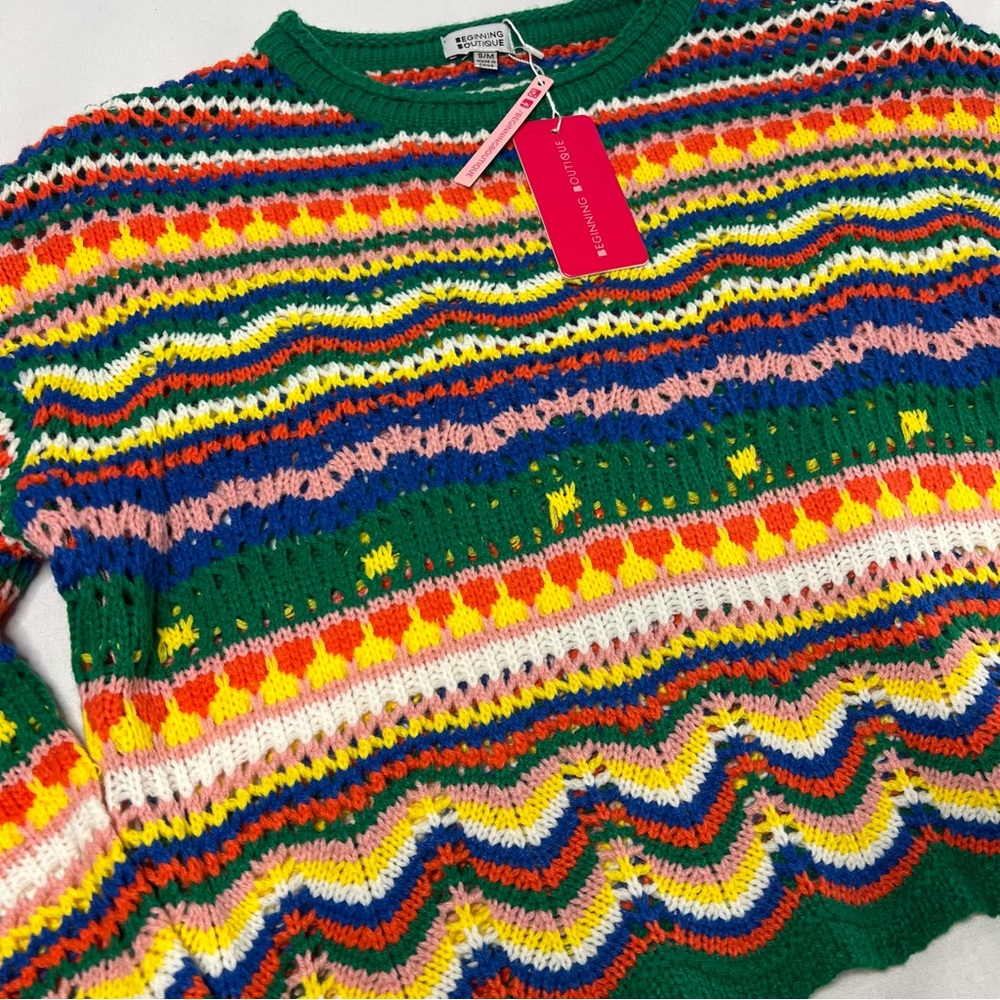 NWT Beginning Boutique Granny Afghan Multicolor Knit Sweater S / M - Picture 4 of 8